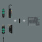 Technical diagram showing the modular compatibility of the Wera 2026 Advent Calendar components, illustrating how the L-key set, Flashdriver torch, and bit clip combine into the standard Tool-Check layout.