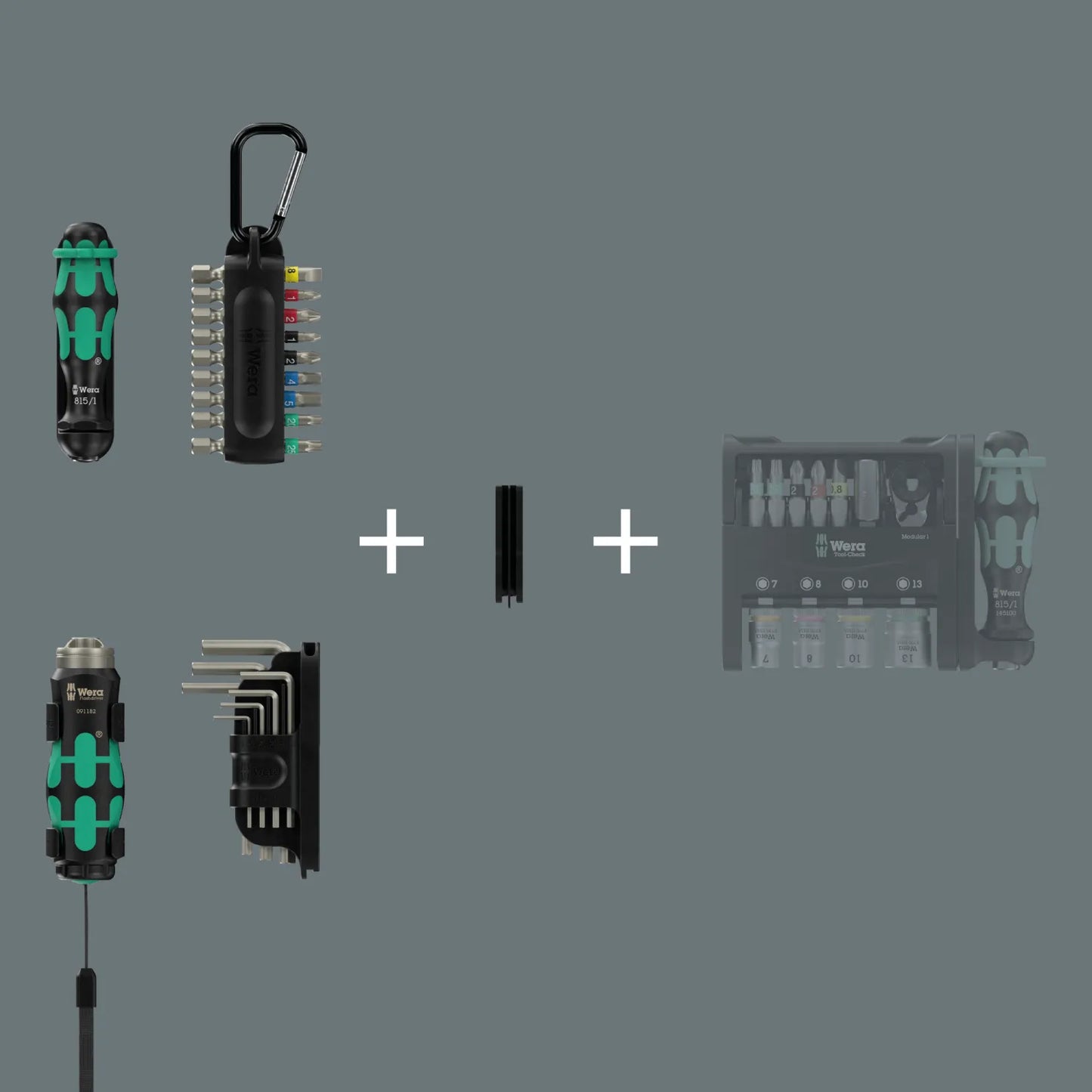 Technical diagram showing the modular compatibility of the Wera 2026 Advent Calendar components, illustrating how the L-key set, Flashdriver torch, and bit clip combine into the standard Tool-Check layout.
