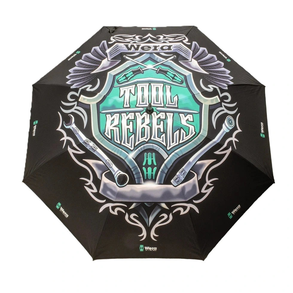 Wera Tool Rebels XL Golf Umbrella top view showing open canopy with green and black graphic crest, screwdrivers, and wrenches 500903