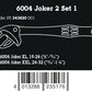 Technical size guide graphic for the Wera 6004 Joker spanner, showing the laser-etched scale on the tool head that indicates the specific metric and imperial (SAE) size range the jaws are currently covering.