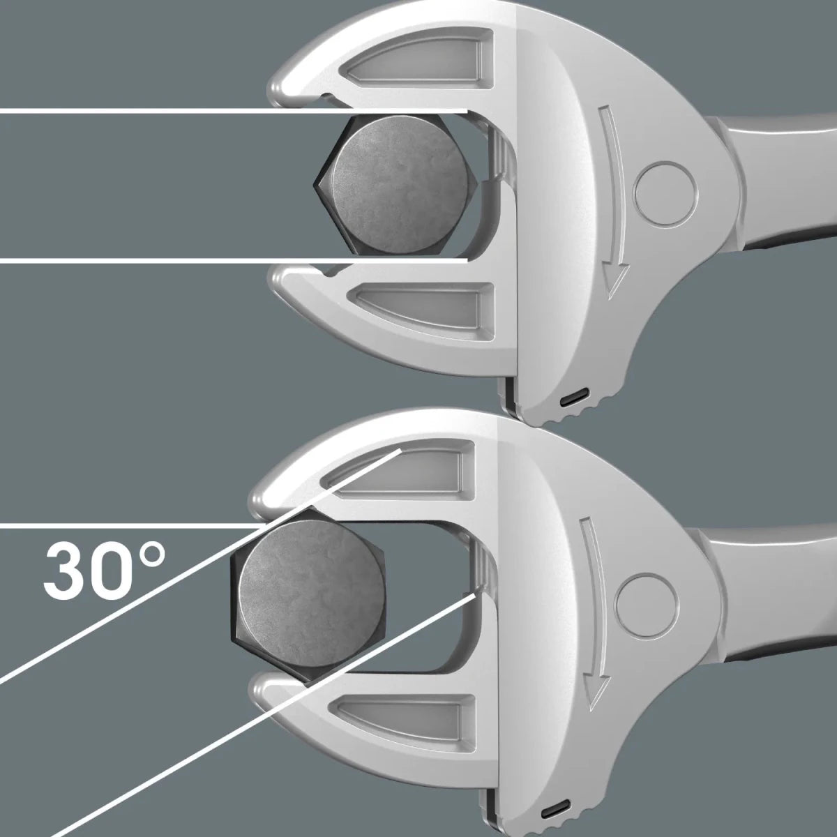 Functional graphic of the Wera 6004 Joker spanner showing the self-setting jaws automatically adjusting to the required size upon contact with a hexagonal bolt.