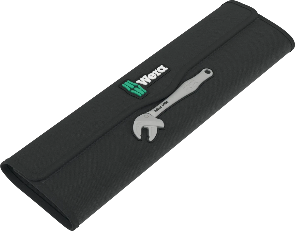 The durable textile folding pouch for the Wera 6004 Joker 2 Set 1, featuring a compact design with secure Velcro closures and internal sleeves to keep both self-setting spanners organized.