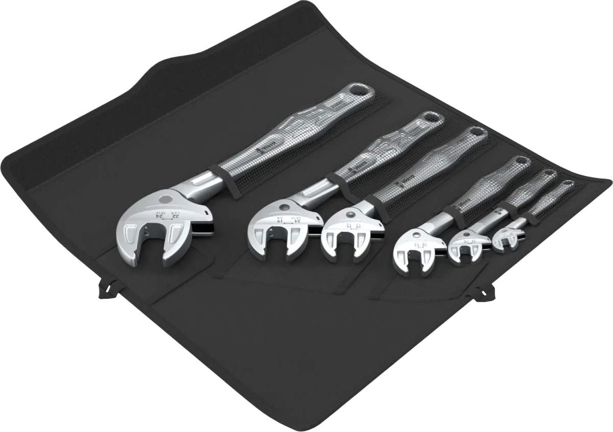 The Wera 6004 Joker 6 Set 1 including six self-setting spanners (XS, S, M, L, XL, and XXL) organized in a heavy-duty textile folding pouch for universal fastener coverage.