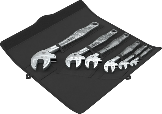 The Wera 6004 Joker 6 Set 1 including six self-setting spanners (XS, S, M, L, XL, and XXL) organized in a heavy-duty textile folding pouch for universal fastener coverage.
