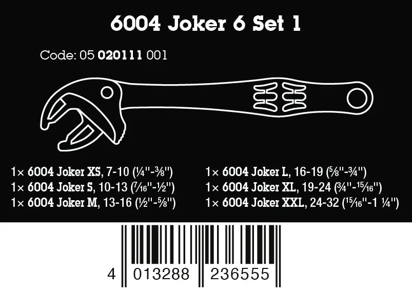 Comprehensive size chart for the Wera 6004 Joker 6 Set 1, detailing the metric and imperial (SAE) coverage for all six spanners: XS (7-10mm), S (10-13mm), M (13-16mm), L (16-19mm), XL (19-24mm), and XXL (24-32mm).