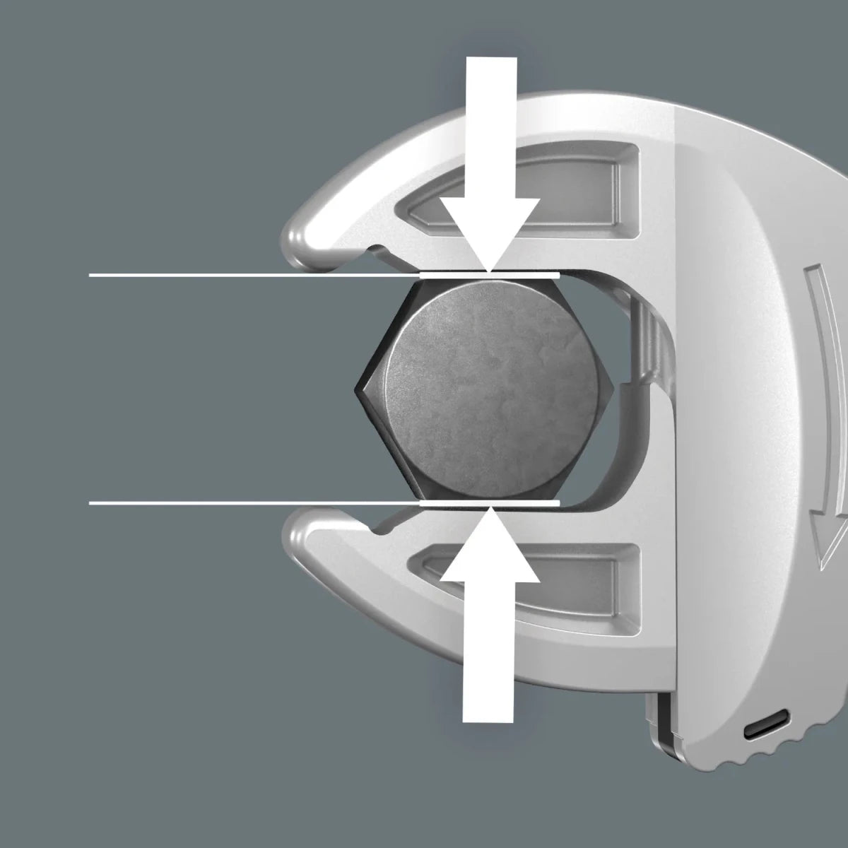 Close-up of the parallel jaws gripping a hexagonal bolt head without touching the corners.