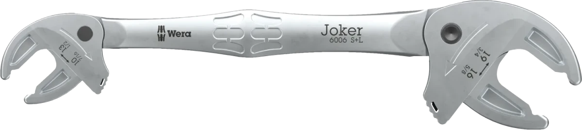 Full profile view of the Wera 6006 Joker SL double open-end spanner, featuring self-setting jaws that automatically adjust to both metric and imperial nut sizes.
