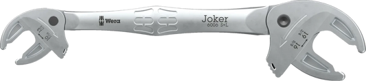 Full profile view of the Wera 6006 Joker SL double open-end spanner, featuring self-setting jaws that automatically adjust to both metric and imperial nut sizes.
