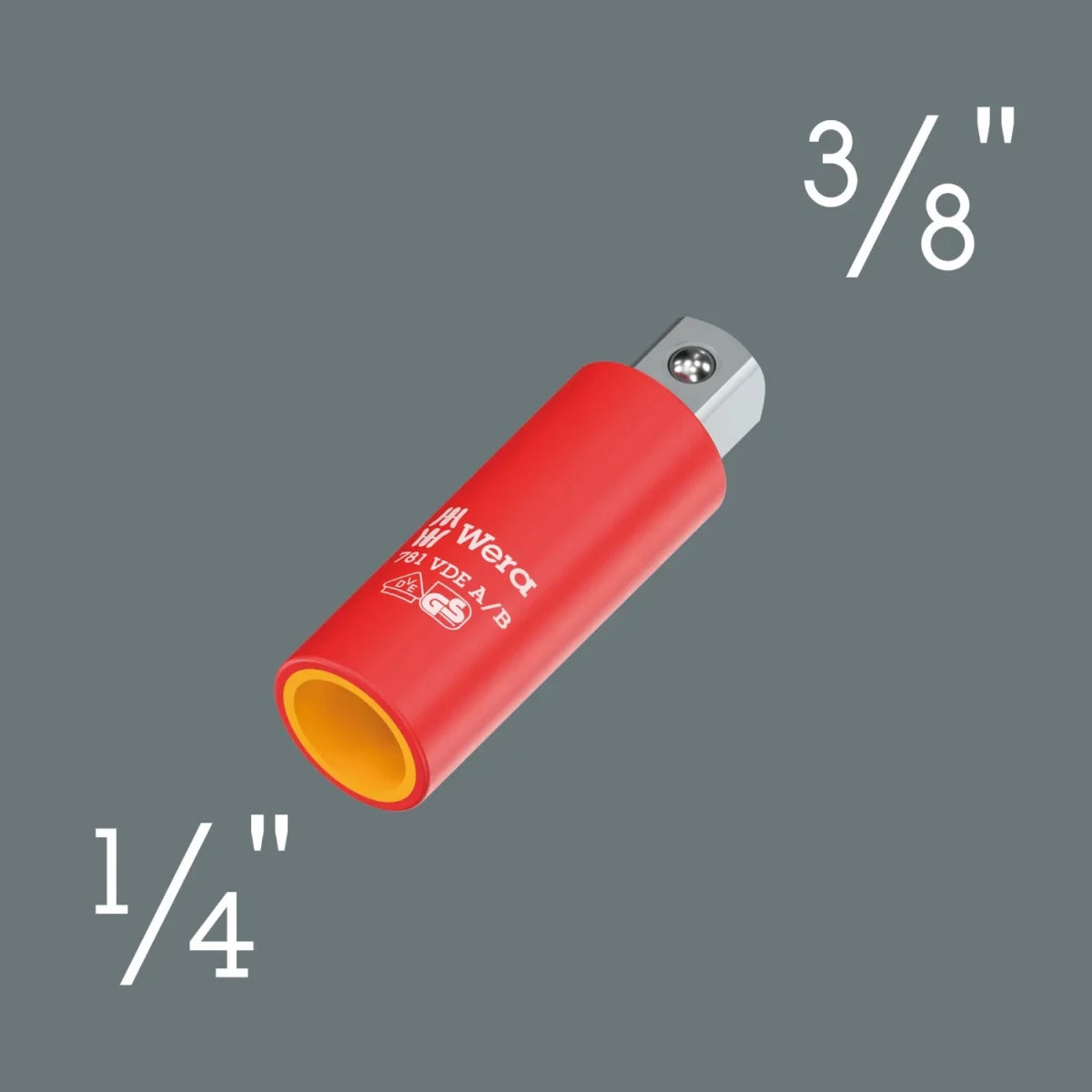 Technical diagram of the Wera 781 A/B VDE adapter showing the 1/4" internal square drive side and the 3/8" external square drive side to illustrate the size conversion.