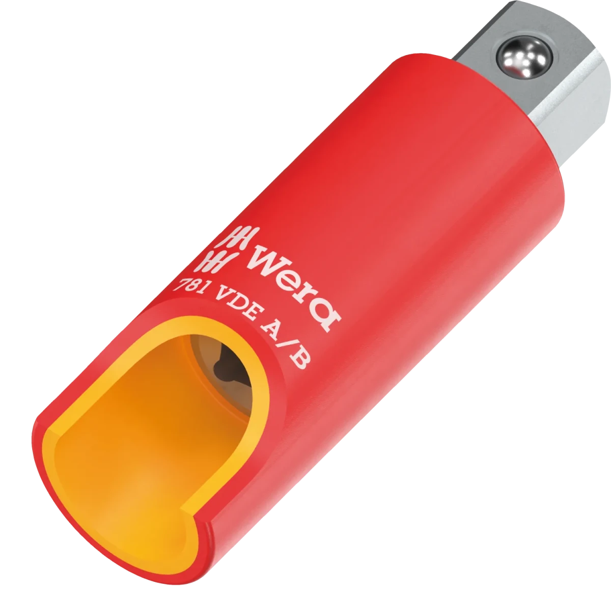 Close-up of the internal 1/4" square drive socket of the Wera 781 A/B VDE adapter, showing the precision-fit connection and the surrounding 1,000V rated red-and-yellow insulation.