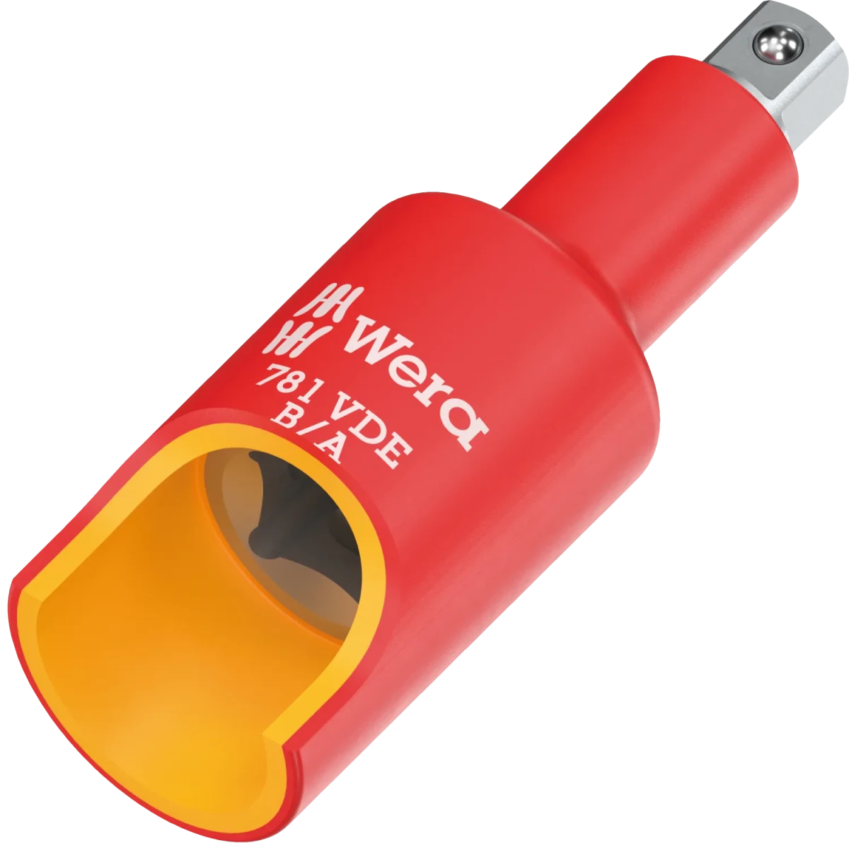 Close-up view of the 3/8" internal square drive of the Wera 781 B/A VDE insulated adapter, showing the precision-machined socket and the surrounding 1,000V rated red-and-yellow insulation.