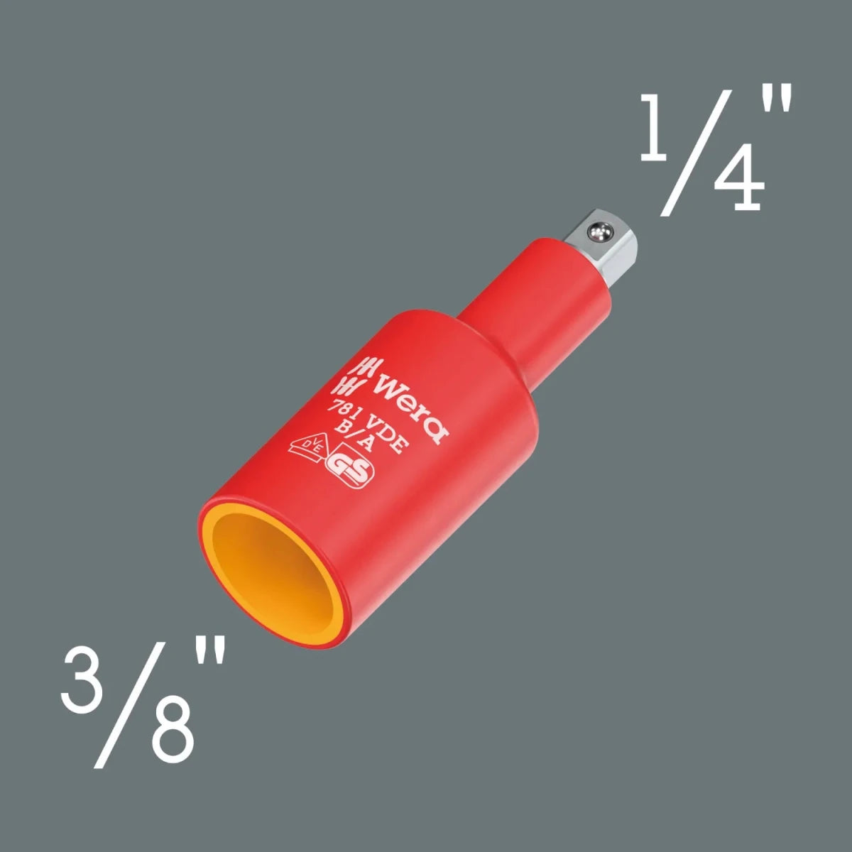 Technical view of the Wera 781 B/A VDE adapter showing the 3/8" internal square drive on one end and the 1/4" external square drive on the other for drive-size identification.