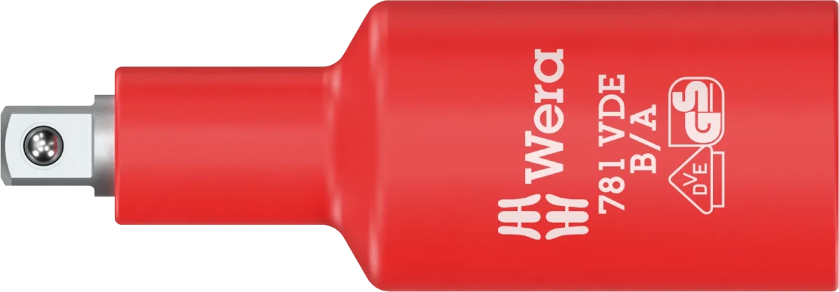 Full profile view of the Wera 781 B/A VDE insulated adapter, designed for converting 3/8" square drive tools to 1/4" external square drive for safe live-working up to 1,000V.