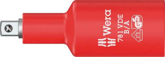 Full profile view of the Wera 781 B/A VDE insulated adapter, designed for converting 3/8" square drive tools to 1/4" external square drive for safe live-working up to 1,000V.