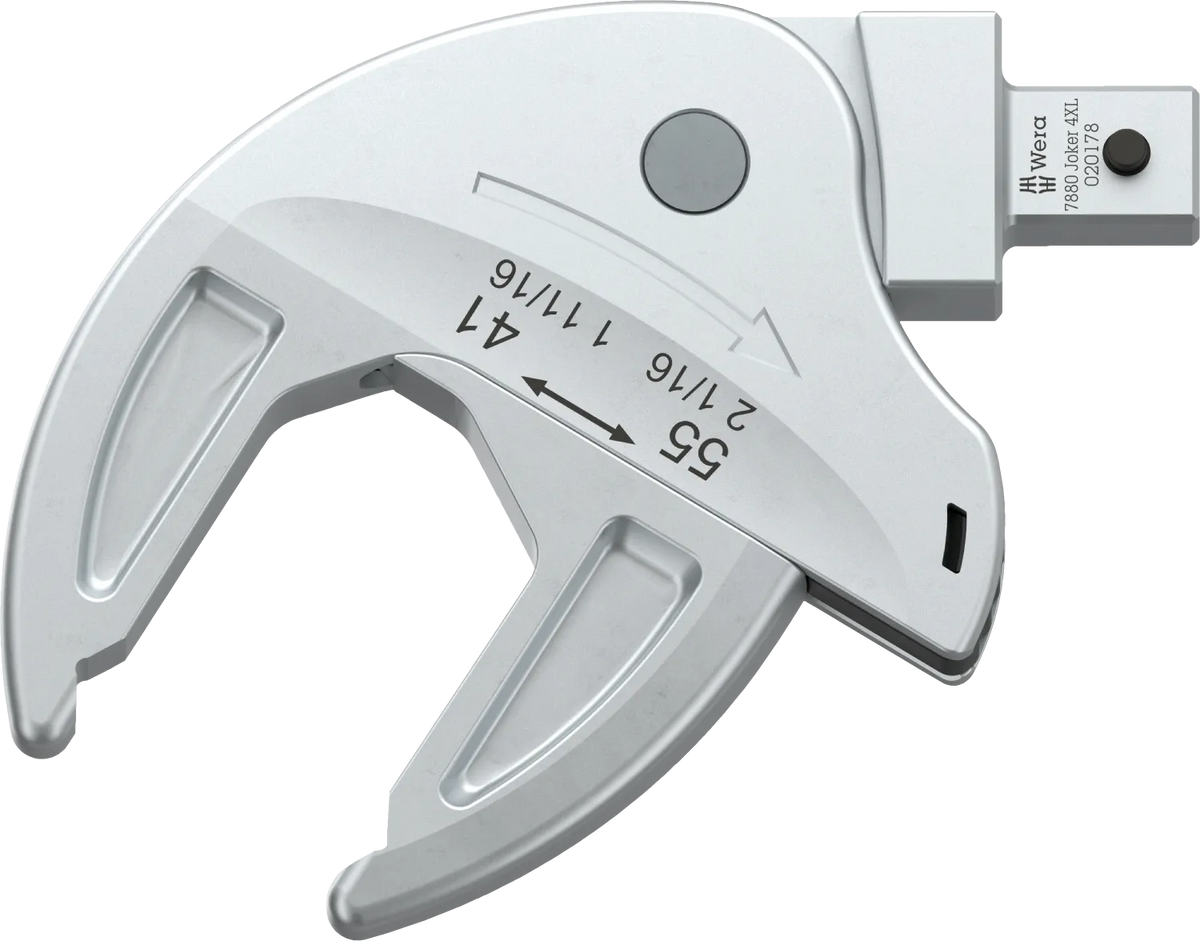 Top-down view of the Wera 7880 Joker 4XL self-setting insert spanner showing the 41-55 mm size markings and 14x18 mm drive pin
