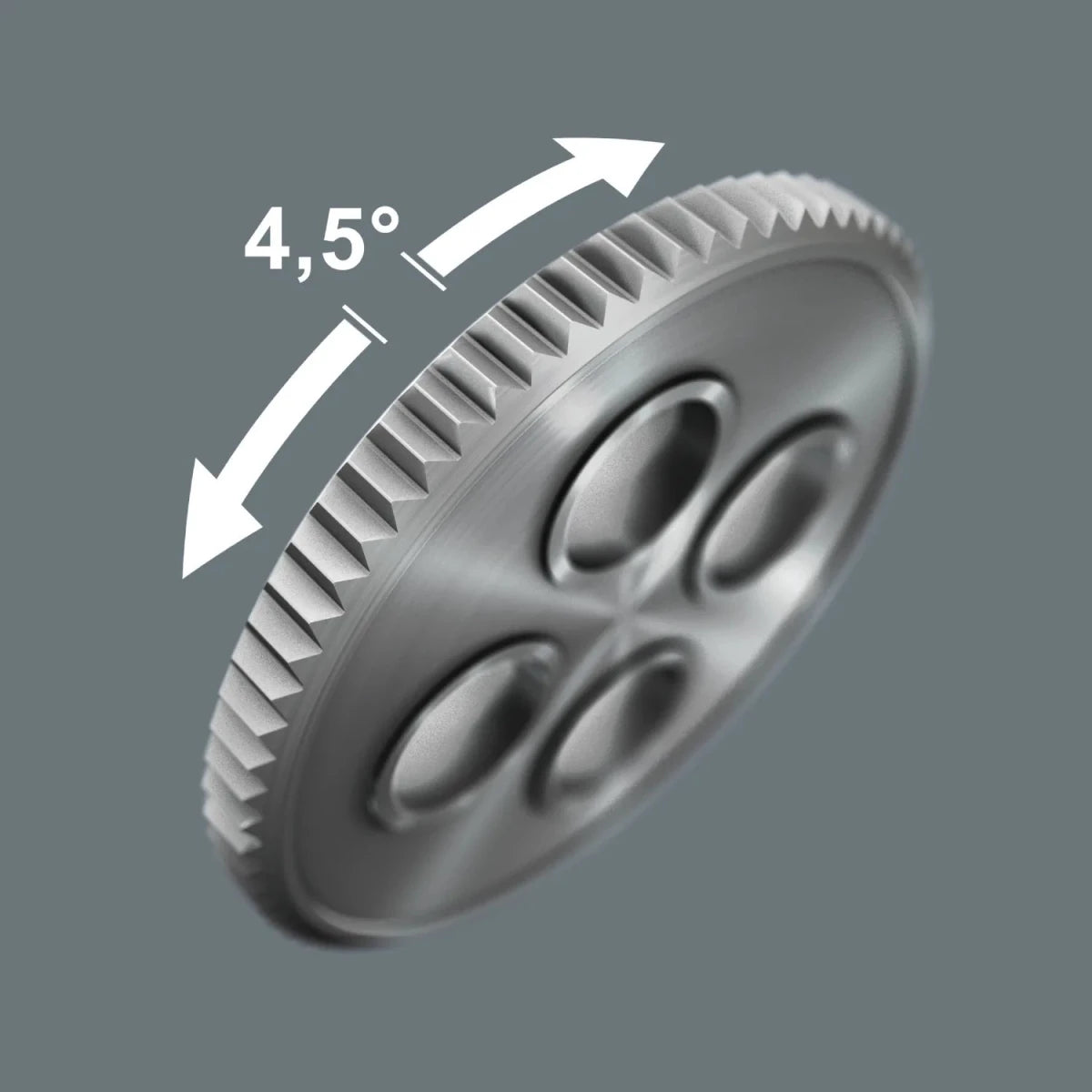 Technical illustration of the Wera 80-tooth fine-pitch ratchet mechanism showing the ultra-small 4.5-degree return angle for tight spaces.