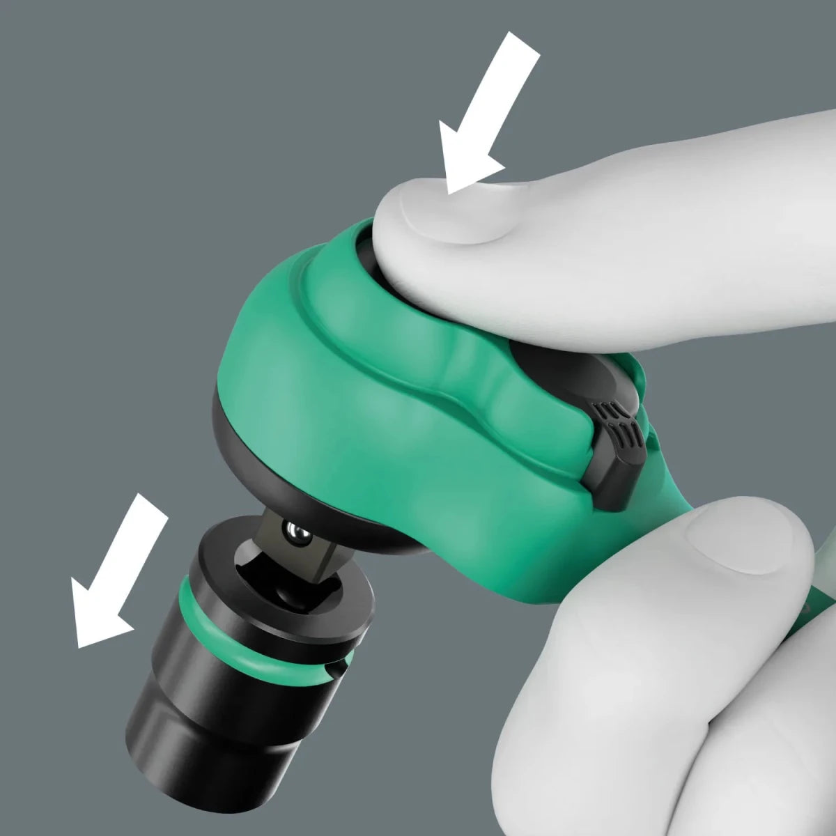 Close-up of the Wera Zyklop Comfort 1/4" ratchet push-button release mechanism for secure socket locking and rapid tool changes.