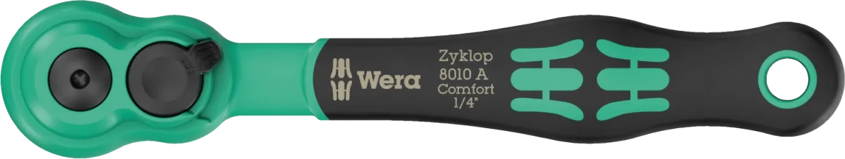 Wera 8010 A Zyklop Comfort 1/4" drive ratchet (05005110001) featuring a protective non-marring plastic sleeve and slim-profile head.