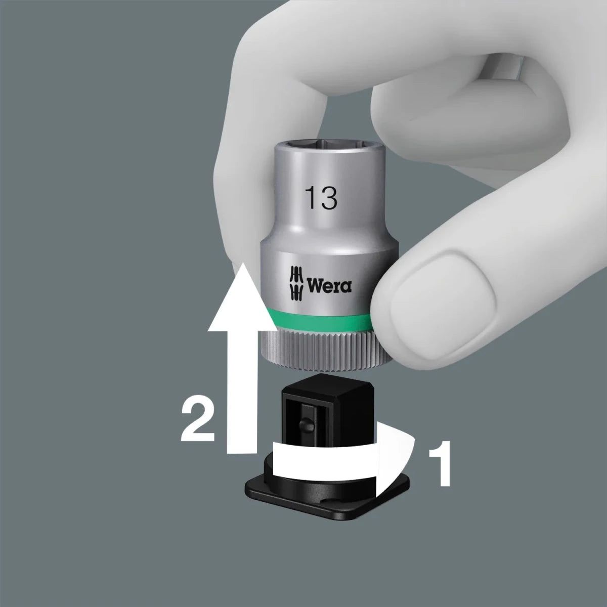 Detailed view of the "Twist-to-Lock" socket rail in the textile pouch, showing how imperial sockets are secured for transport and easily removed with a turn.