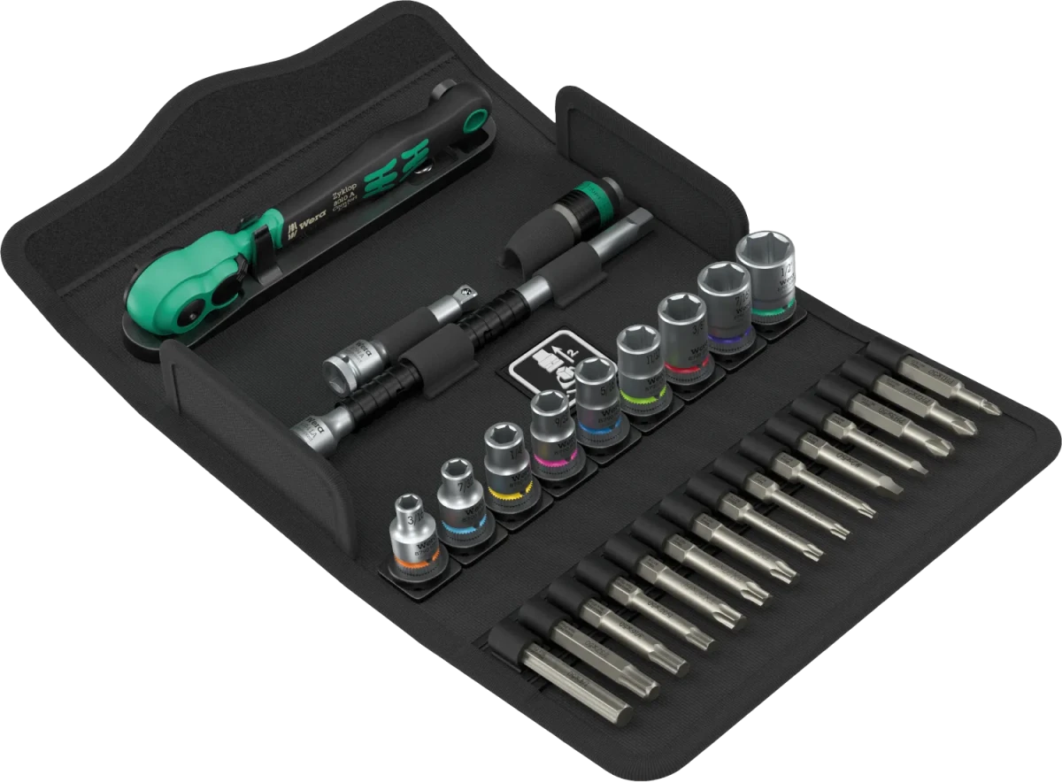 Wera 8100 SA 15 Zyklop Comfort 1/4" drive 28-piece imperial (SAE) socket and bit set in a compact textile storage case.