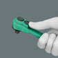 High-resolution detail of the green-and-black Wera Zyklop Comfort ratchet head, focusing on the thumb-operated reversing lever for quick direction changes.