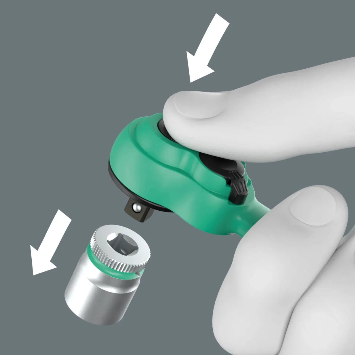 Detail of the ball-lock push-button mechanism on the Wera Zyklop Comfort ratchet head, ensuring secure socket holding and one-touch release.