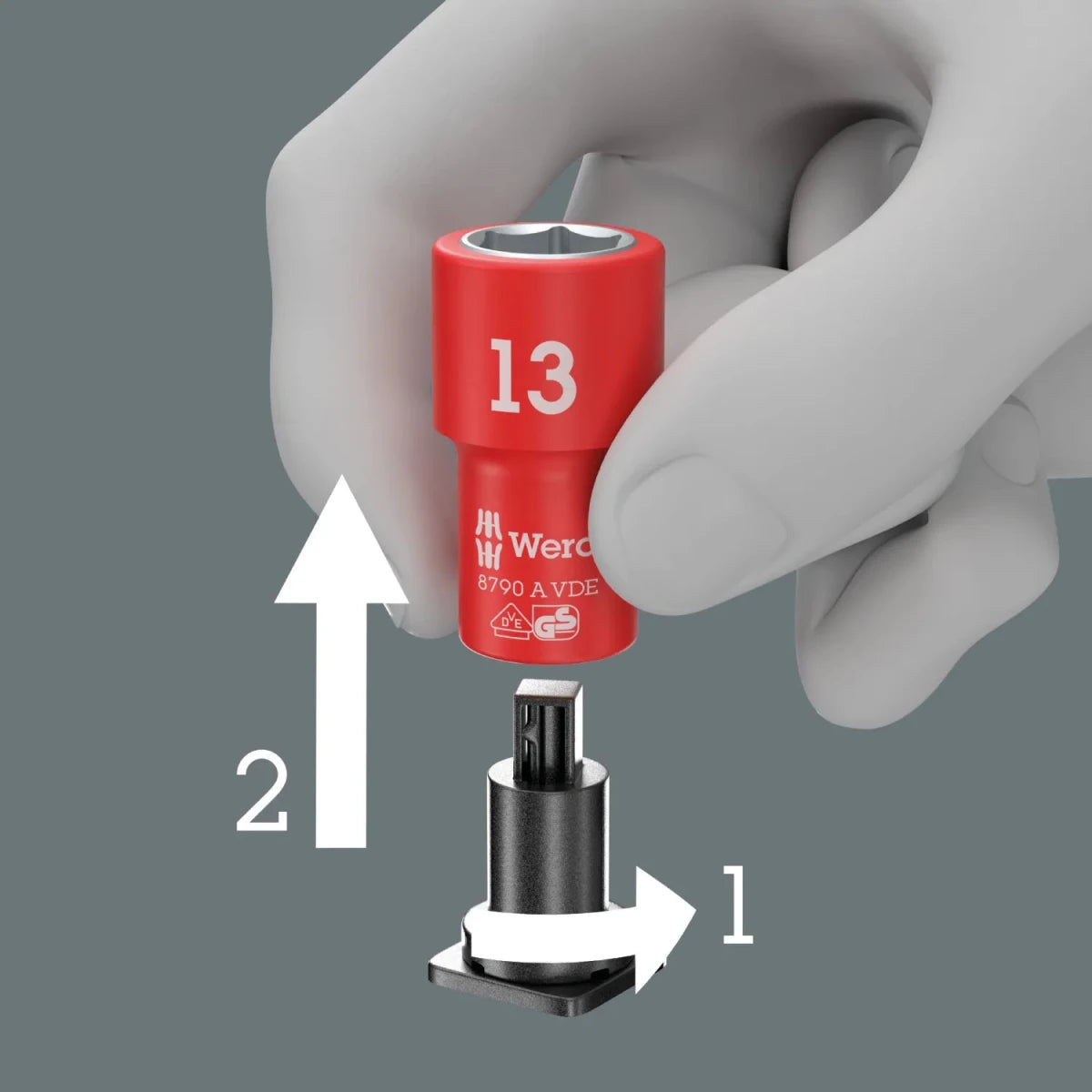 Diagram of the Wera "Twist to Unlock" mechanism for VDE sockets, ensuring tools stay secure until intentionally removed.