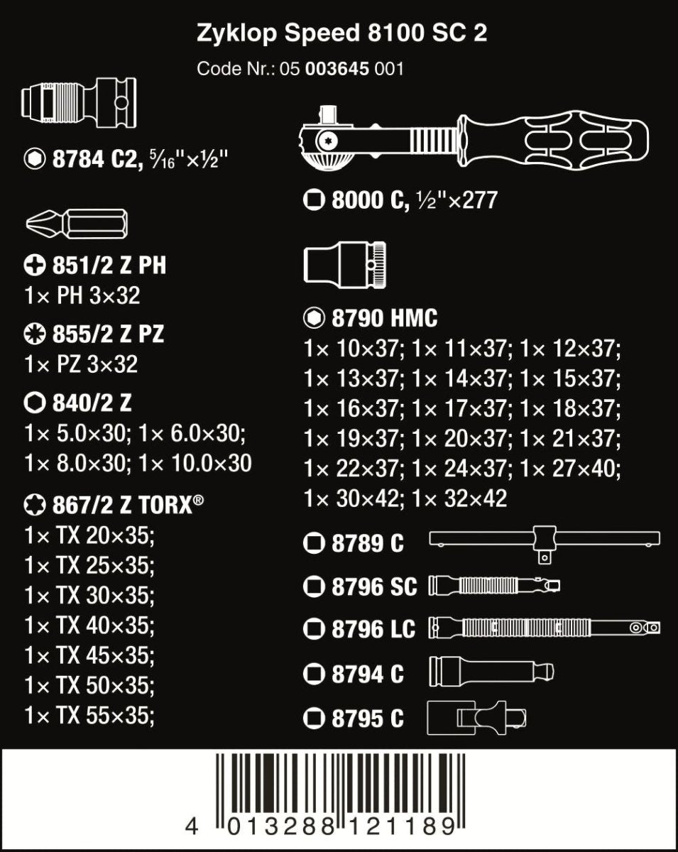 Wera 8100 SC 2 Zyklop Speed Ratchet Set 1/2" Drive 37 Pieces Metric 05003645001 - Mr. Tools