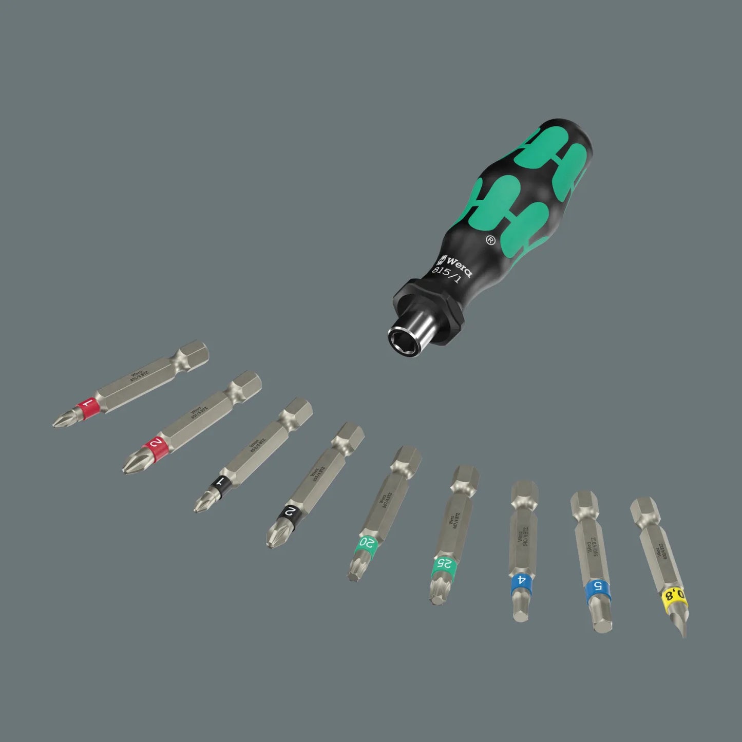 Wera 815/1 Kraftform ergonomic bit-holding screwdriver handle laid out with nine color-coded multi-profile industrial driver bits.