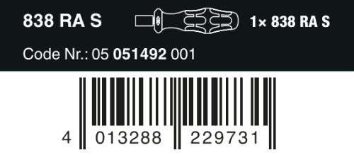 Wera 838 RA S Bitholding Ratcheting Screwdriver 1/4" Drive 05051492001 - Mr. Tools