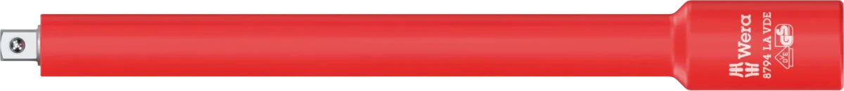 Profile view of the Wera 8794 LA 1/4" drive long VDE insulated extension (150mm), featuring red-and-yellow 1,000V safety insulation and a slim design for reaching deep-seated screws in live panels.