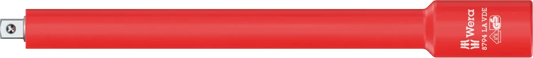 Profile view of the Wera 8794 LA 1/4" drive long VDE insulated extension (150mm), featuring red-and-yellow 1,000V safety insulation and a slim design for reaching deep-seated screws in live panels.