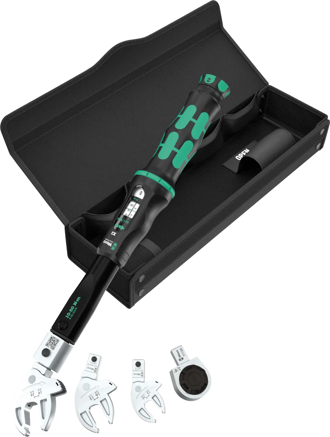 Wera 9558 torque wrench set for pipe fittings with Joker inserts, ratchet attachment, and textile storage case
