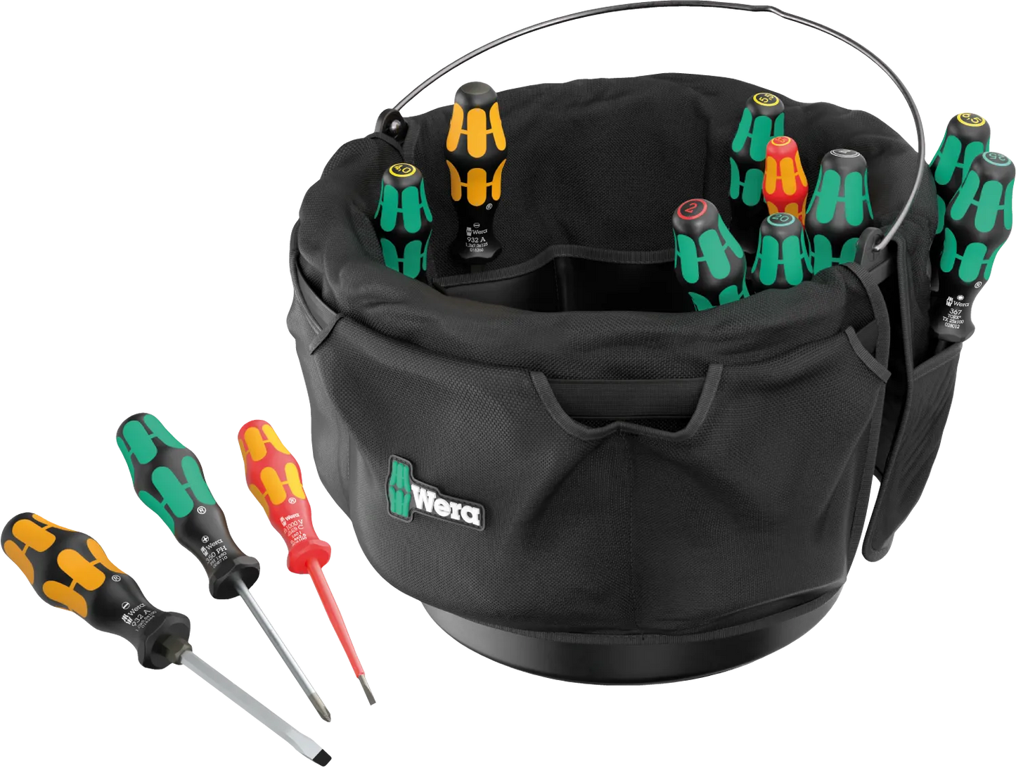 Wera 9559 Tool Bucket Organizer Set 1 featuring Kraftform chiseldrivers, VDE insulated drivers, and stubby screwdrivers arranged in a heavy-duty bucket caddy.