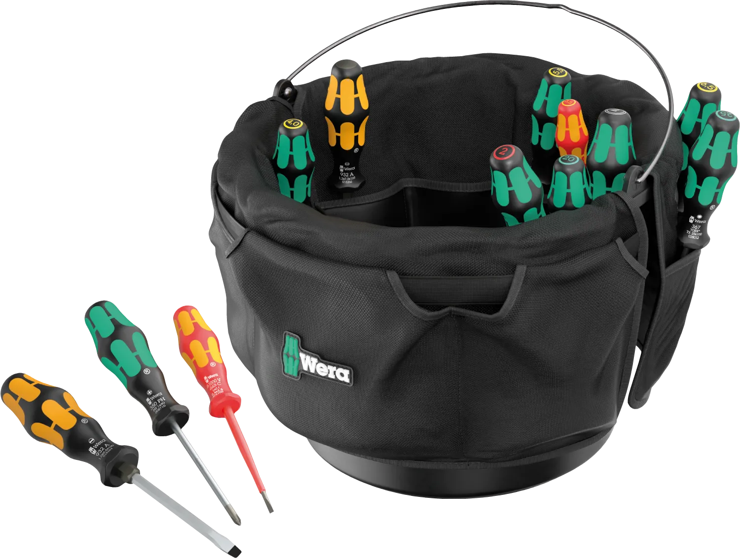 Wera 9559 Tool Bucket Organizer Set 1 featuring Kraftform chiseldrivers, VDE insulated drivers, and stubby screwdrivers arranged in a heavy-duty bucket caddy.