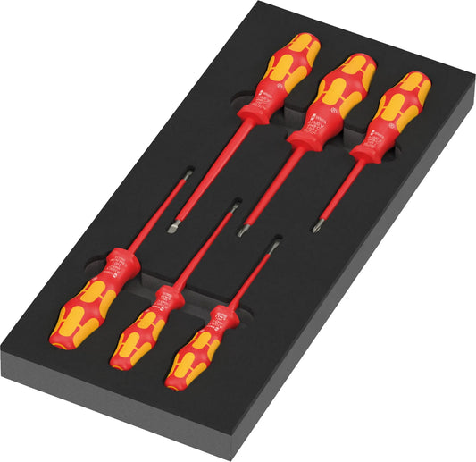 High-density shadow foam tray holding the 7-piece Wera 97110 Kraftform Series 100 VDE insulated screwdriver set