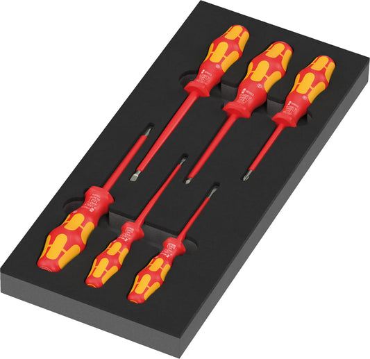 High-density shadow foam tray holding the 7-piece Wera 97111 Kraftform Series 100 VDE insulated screwdriver set