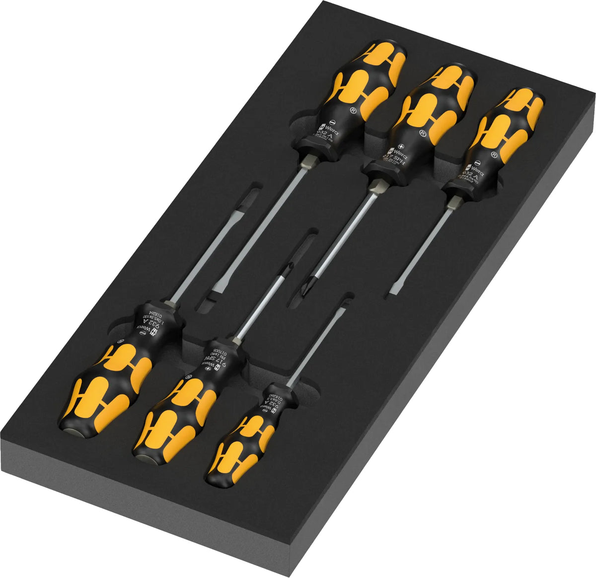 Full 7-piece Wera 97112 Kraftform Series 900 chiseldriver screwdriver set resting in high-density shadow foam insert