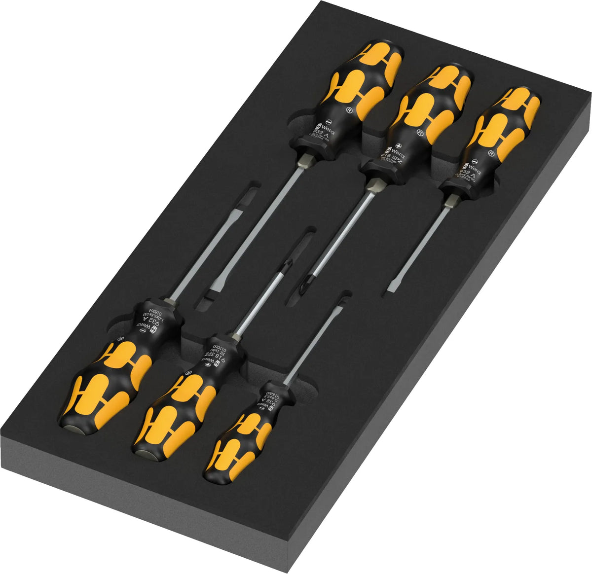 Complete 7-piece Wera 97113 Kraftform Series 900 chiseldriver set featuring Pozidriv and Slotted drivers in a shadow foam insert