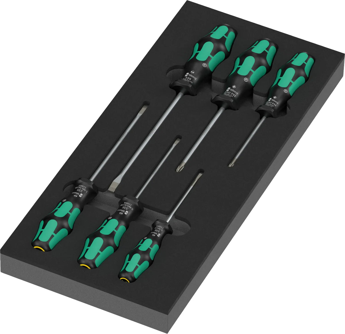High-density shadow foam tray holding the 7-piece Wera 9717 Kraftform Series 300 screwdriver set (05150127001)