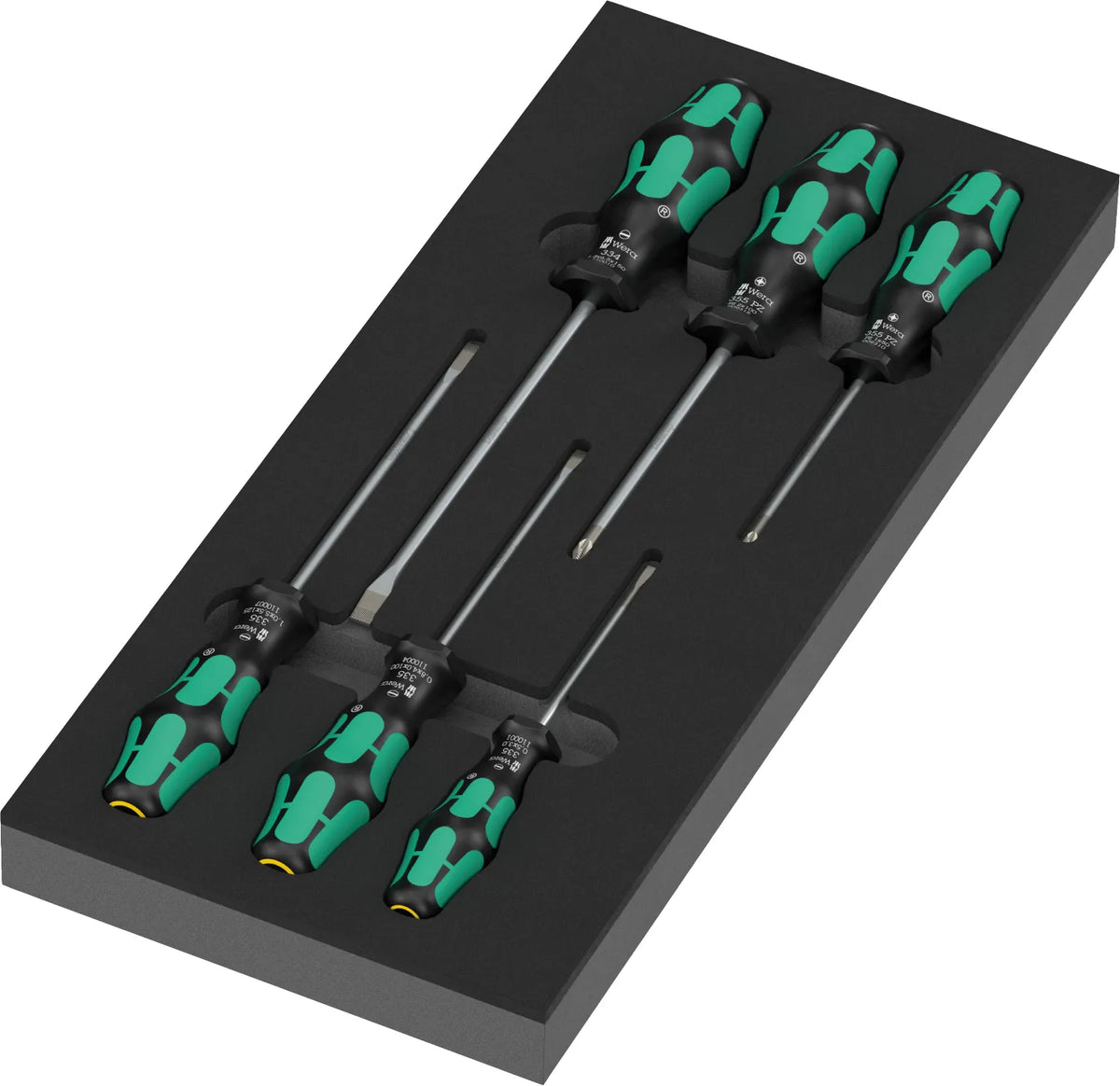 High-density shadow foam tray holding the 7-piece Wera 9718 Kraftform Series 300 Pozidriv and slotted screwdriver set