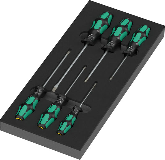High-density shadow foam tray holding the 7-piece Wera 9718 Kraftform Series 300 Pozidriv and slotted screwdriver set
