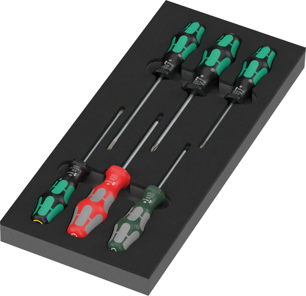 High-density shadow foam tray holding the 7-piece Wera 9719 Kraftform Series 300 screwdriver set
