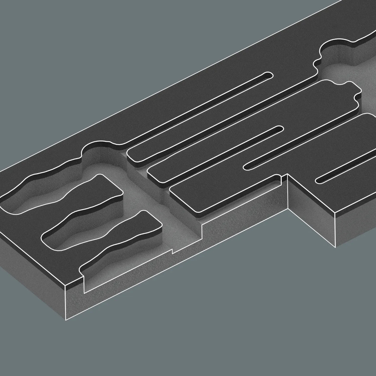 Precision tool cutouts inside the empty two-color Wera 9818 shadow foam insert highlighting tool drawer organization