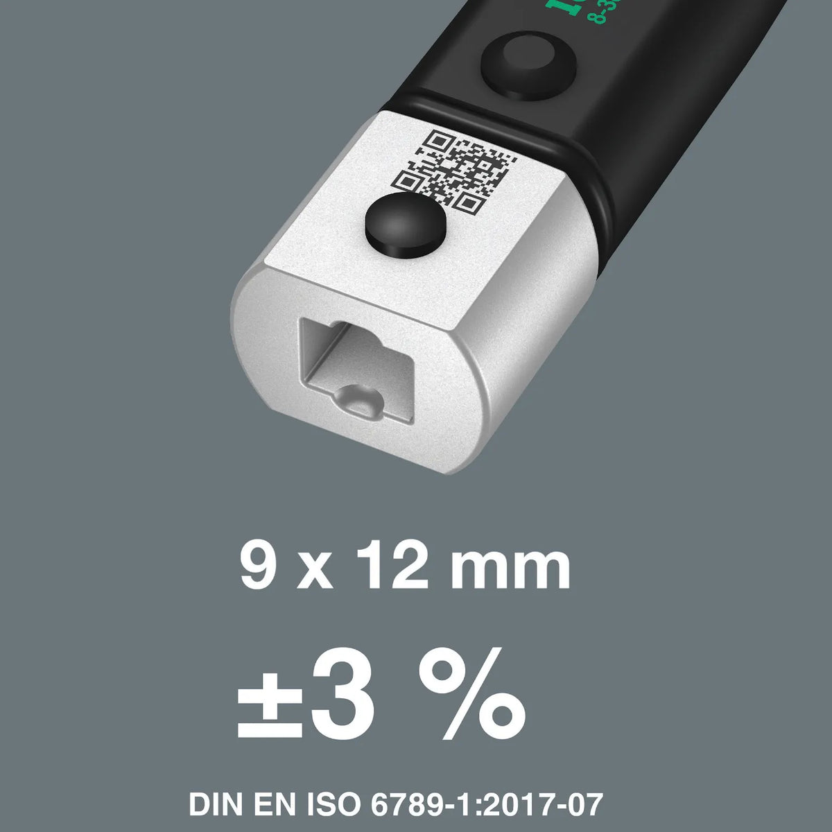 Close-up of Wera Click-Torque X 2 receiver with 9x12 mm drive size and plus-minus 3 percent accuracy rating