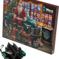 The holiday-themed Wera 2026 Advent Calendar box featuring Santa Claus on a green vintage truck, shown next to the assembled triangular black folding tool case containing the tool set.
