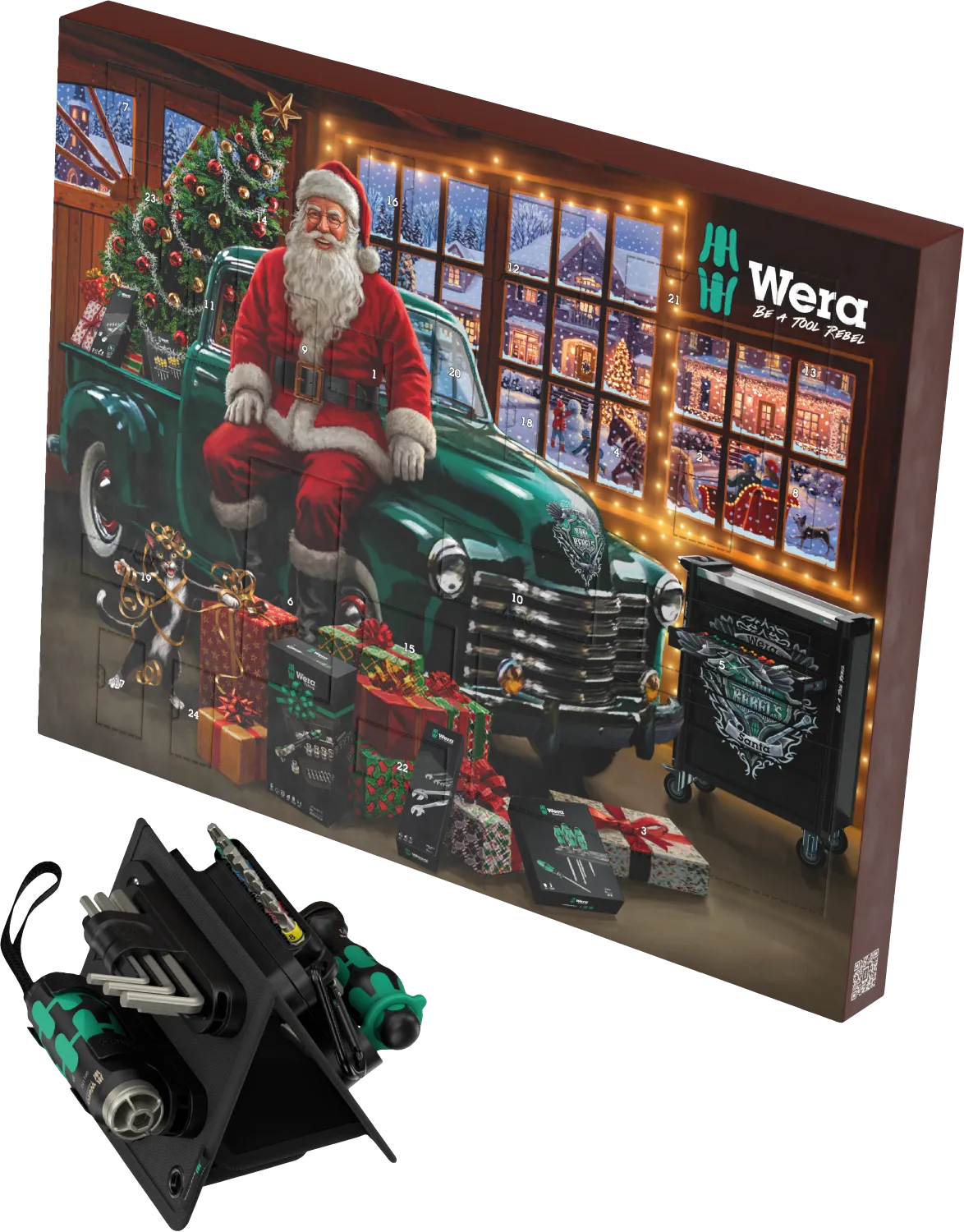 The holiday-themed Wera 2026 Advent Calendar box featuring Santa Claus on a green vintage truck, shown next to the assembled triangular black folding tool case containing the tool set.