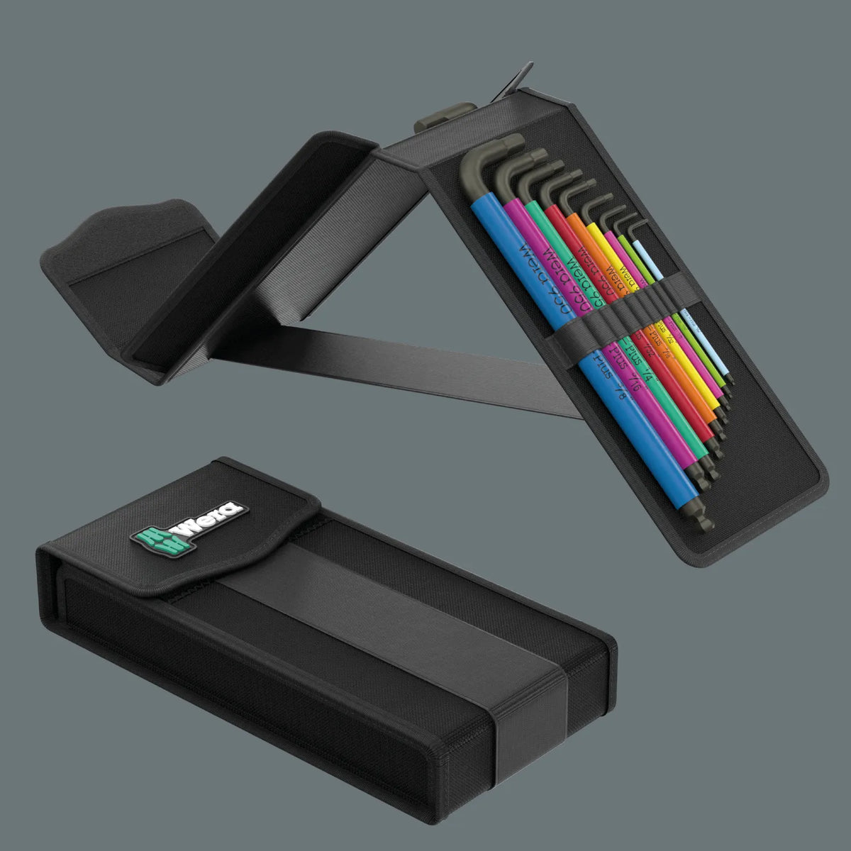 Dual view of Wera Big Pack Multicolour Hex-Plus L-key set showing the compact closed textile pouch alongside the open upright standing case.
