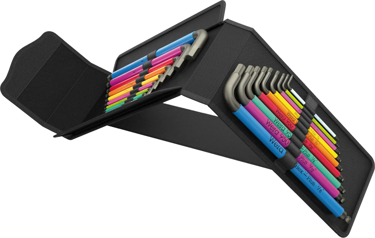 Angled view of Wera 19-piece Big Pack Multicolour Hex-Plus set with metric and SAE keys displayed on both sides of the upright standing pouch.