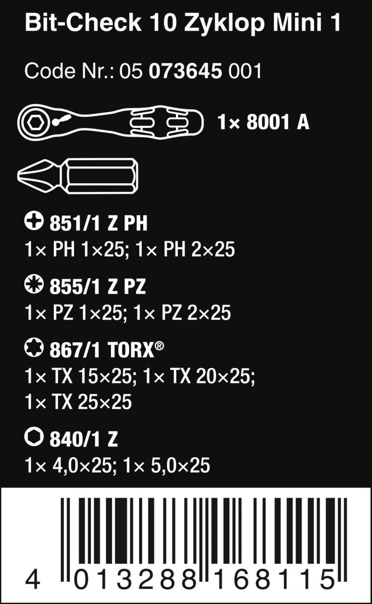 Wera Bit - Check 10 Zyklop Mini 1 Socket Wrench Bit Set 1/4" Drive 05073645001 - Mr. Tools